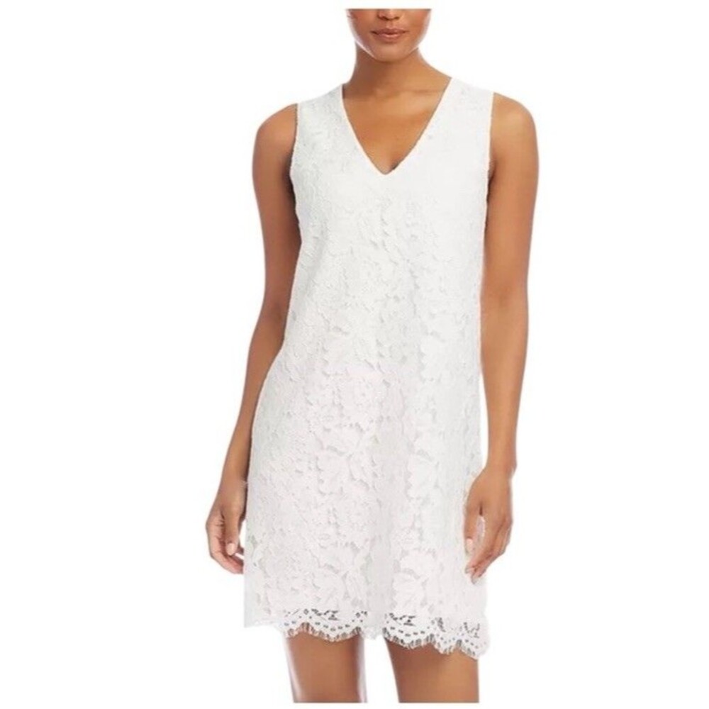 Karen Kane Lace Shift Mini Dress V-Neck Sleeveless Scallop Hem L Ivory NEW MP